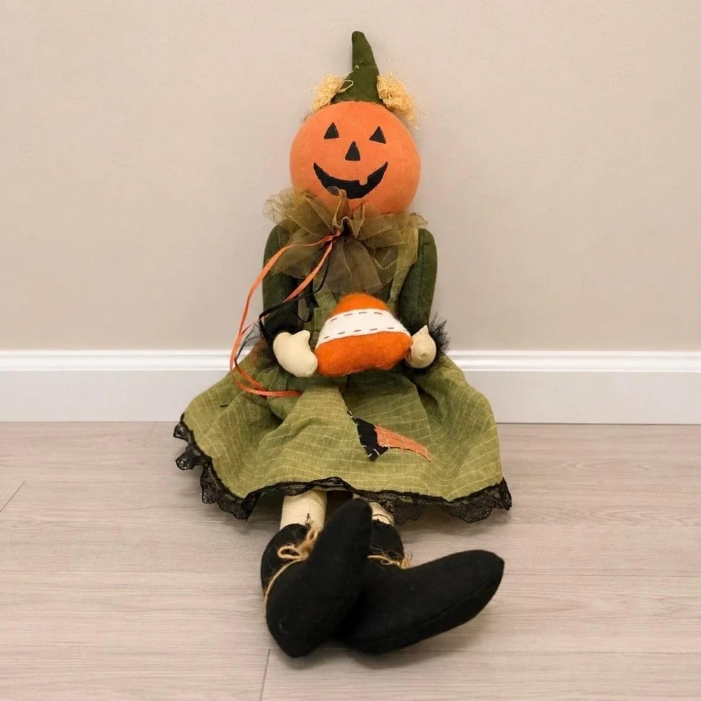 Vintage Style Halloween Pumpkin Head Shelf Sitter Doll Candy Corn Decor 20in